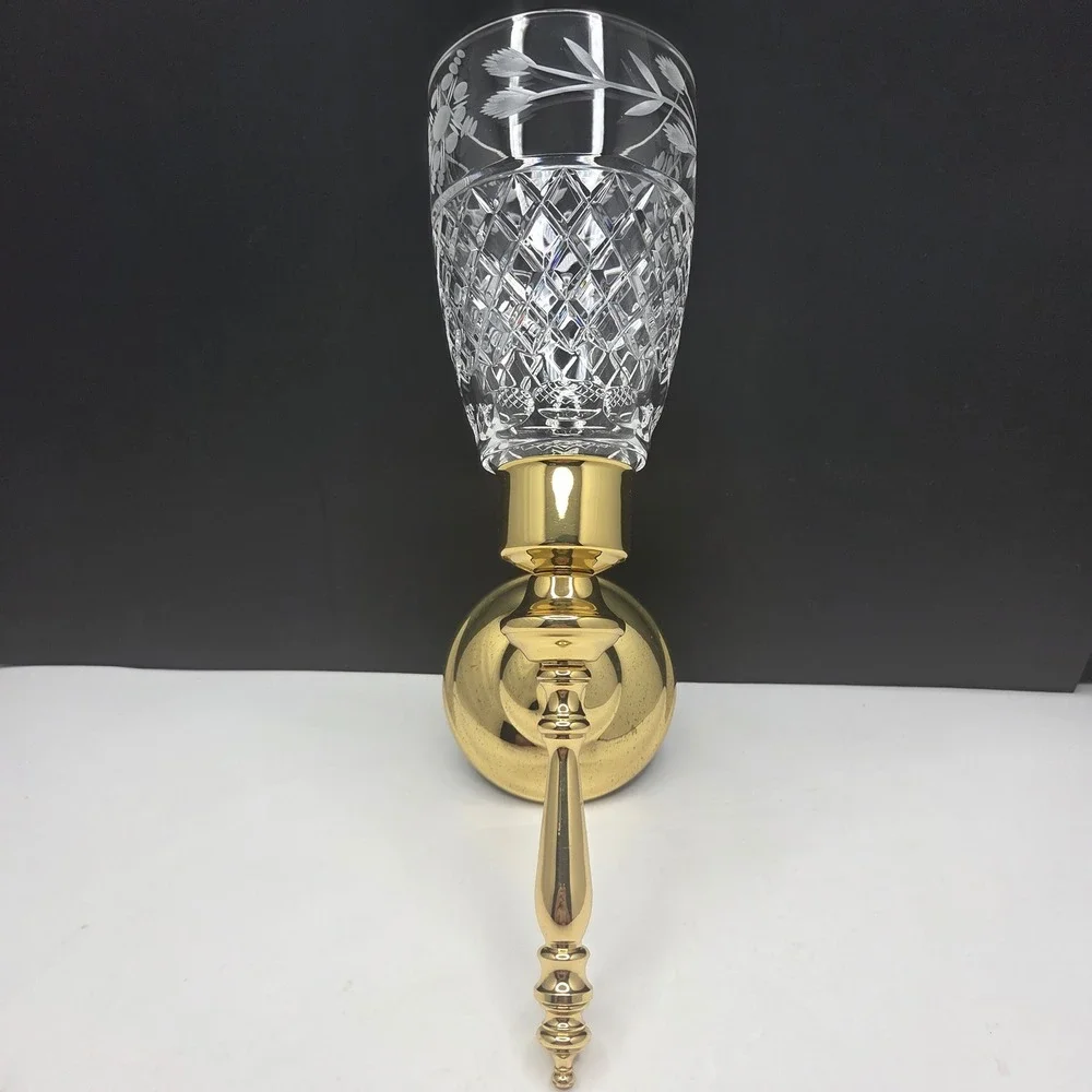 Vintage Brass Wall Sconce Etched Crystal Hurricane Shade Gold Tone 14